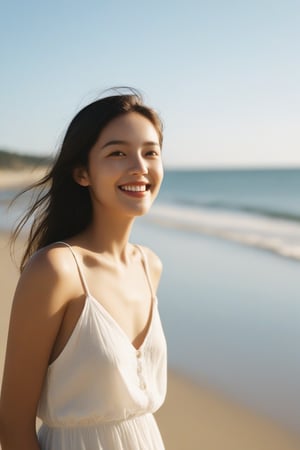 A serene coastal scene unfolds on Fujifilm XT3: a solo female figure soaks up sunshine on a tranquil beach, her finely detailed face glowing with realistic complexion. Vivid illumination casts a mysterious atmosphere as she basks in the warmth, her little breasts and nipples radiating calm. Film grain (1.2) adds texture to this stunning visual, masterfully crafted for immersion. She smiles, revealing pure white teeth, as the camera captures her serene expression amidst the sun-kissed setting.