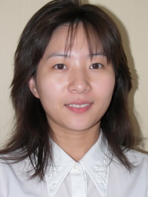 A close-up shot of a young Asian woman with long dark brown hair and brown eyes. She is wearing a white collared button down shirt with white embroidery on the collar. Her lips are a vibrant shade of pink. Her eyebrows are a light brown and her eyes are a darker shade of brown. She has a slight smile on her face. The backdrop is a light beige wall.