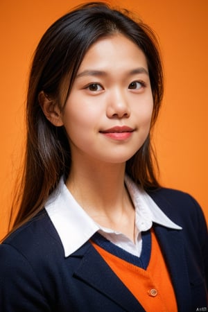 with an orange background, portrait,,school_uniform, 1girl,smile