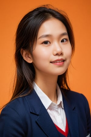 with an orange background, portrait,,school_uniform, 1girl,smile