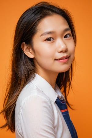 with an orange background, portrait,,school_uniform, 1girl,smile