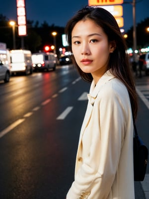 A cinematic masterpiece! A 4K RAW photo captures a stunning, night-time scene on a street corner. A young woman stands at the intersection of two streets, her exquisitely detailed skin illuminated by vivid, contrasting lighting that creates an air of mystery. Her finely detailed face, with natural skin texture and realistic pores, is framed by the Fujifilm XT3's cinematic angle. The film grain effect adds a subtle layer of depth (1.2). The unity of the 8K wallpaper quality ensures an ultra-detailed, immersive atmosphere that draws the viewer in. Masterful technique and harmonious composition create a stunning visual experience.