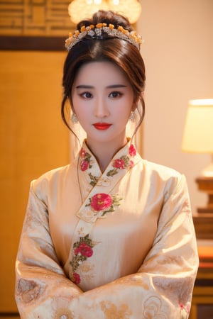 1girl, solo, looking at viewer, black hair, hair ornament, long sleeves, brown eyes, jewelry, upper body, flower, earrings, hair flower, wide sleeves, lips, chinese clothes, realistic, red lips, korean clothes,
