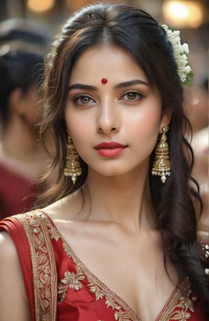 a 23 year naturally realistic beautiful young girl, extremely gorgeous, extremely beautiful, very stunning, very pretty, very attractive, perfect glowing and shining face, perfect bow shaped lips, long black hair, fully matured, most attractive figure, complexion reminiscent of pure porcelain, dressed in a red gown, in wedding ceremoney, indian people enjoying the wedding.