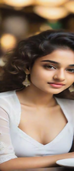 beautiful cute young attractive indian Muslim girl, teenage girl, 18 year old, 34-26-36 stats, instagram model,curly hair, beautiful face, fair white skin, her confidence evident in her posture, her chest subtly accentuated,sitting in restaurant