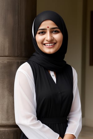 Prompt: beautiful muslim 19 year old girl,REALISTIC,INDIAN,FEMALE,GIRL,PHOTO, wearing salwar kameez of black and white color and laughing