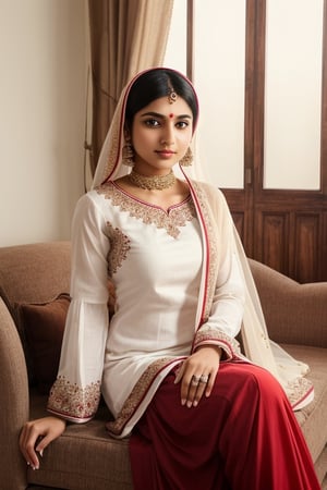 beautiful muslim 19 year old girl,REALISTIC,INDIAN,FEMALE,GIRL,PHOTO, wearing salwar kameez of white colors and dupatta of red color, sitting in home in a sofas