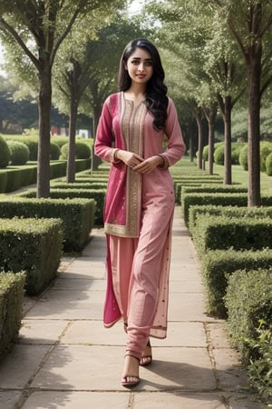 beautiful muslim 19 year old girl,REALISTIC,INDIAN,FEMALE,GIRL,PHOTO, wearing salwar kameez of mix colors, walking in the garden