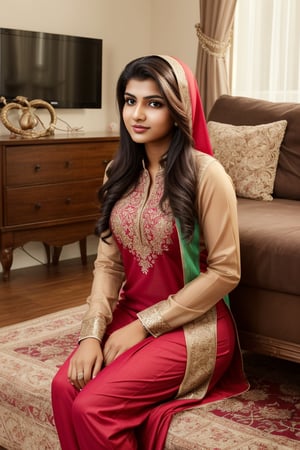 beautiful muslim 19 year old girl,REALISTIC,INDIAN,FEMALE,GIRL,PHOTO, wearing salwar kameez sitting in the house which well designed