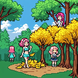 4girl, multicolored  pink hair, fullbody, pixel world,nature, forest, summer  yellow leaf, blue sky,Pixel art,Margav1-01V1