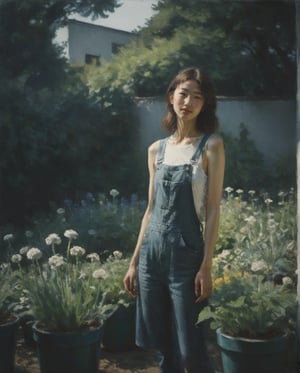 garden, gardner, workwear, garden tools, plants, beautiful korean gardener girl, Captured in a dramatic, low-key setting, a beautiful model slowly emerges from the green jeju island field, Shadows dance across her pale skin as she steps into the faint, soft sun beam light. Her features are softened, yet her eyes bright as beautiful light. Brushstrokes of blue, emerald green, navy blue and cool beige swirl around her, garden, plant, imbuing the atmosphere with an air of intrigue. pretty woods, pretty vase plants, The model's slender form is silhouetted against a light, moody backdrop, as if conjured from the lights themselves., aesthetic portrait, more clean, daytime, :), summer mood, FilmGirl, mouth_open, big smile
