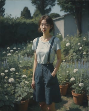 garden, gardner, workwear, garden tools, plants, beautiful korean gardener girl, Captured in a dramatic, low-key setting, a beautiful model slowly emerges from the green jeju island field, Shadows dance across her pale skin as she steps into the faint, soft sun beam light. Her features are softened, yet her eyes bright as beautiful light. Brushstrokes of blue, emerald green, navy blue and cool beige swirl around her, garden, plant, imbuing the atmosphere with an air of intrigue. pretty woods, pretty vase plants, The model's slender form is silhouetted against a light, moody backdrop, as if conjured from the lights themselves., aesthetic portrait, more clean, daytime, :), summer mood, FilmGirl, mouth_open, big smile