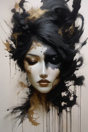 Scumbling painting of a woman with black makeup on her face, no eyes, roughly painted skin, messy paint strokes, by Bastien L. Deharme, gothic art, style of Ashley Wood, bronze and black metal, Sakimichan Frank Franzzeta, beautiful portrait of a hopeless, Ruan Jia and Joao Ruas, watercolors and oil on canvas