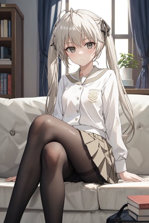 masterpiece, best quality, ultra-detailed, glistening shiny, glowing light, ray tracing, HDR, deph of field, (perfect face, detailed face), , kasuganosora, long hair, black hair ribbon, twintails, school uniform, white shirt, grey skirt, black pantyhose,full_body,
show legs,sitting,crossed legs,sitting on a sofa,hands on knees