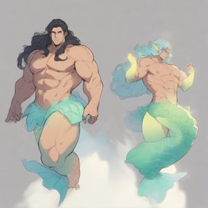 ((best quality)), ((masterpiece)), (detailed), ((perfect face)), male, full bodies, broad shouldered men, huge muscular, european handsome face, two cheerful mermen are swimming, two merfolks, adult, long hair, lean and muscular body, finned ears, fins, tail glows slightly with luminous scales, very long mermaid tails, bioluminescent, markings along his body,watercolor, multicolor, perfect light