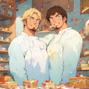 two men (two male), the one man has dark brown (dark hair) long hair, the other man character has short blond hair, blue eyes, they are eating cake, comfortable kitchen, motning, light color predominates, mature, handsome, 
 charming, alluring, affectionate eyes, lookat viewer, (perfect anatomy), perfect proportions, best quality, masterpiece, high_resolution, Dutch angle, cowboy shot, kitchen background, simple colors, ,cartoon