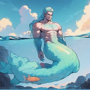 ((best quality)), ((masterpiece)), (detailed), ((perfect face)), male, broad shouldered men, european handsome faces, ((two mermen)), two cheerful mermen are swimming, two merfolks, full bodies, adult, long hair, lean and huge muscular body, finned ears, fins, tail glows slightly with luminous scales, very long mermaid tails, bioluminescent, markings along his body, bright saturated watercolor, multicolor, coloring in anime style, interesting seascape, fish, corals, beautiful turquoise clear water, light penetrating through the water, perfect light