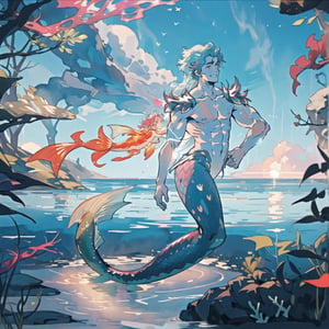 ((best quality)), ((masterpiece)), (detailed), ((perfect face)), male, two cheerful mermen are swimming, two merfolks, adult, long hair, lean and muscular body, finned ears, fins, tail glows slightly with luminous scales, very long mermaid tails, bioluminescent, markings along his body,watercolor, multicolor, perfect light