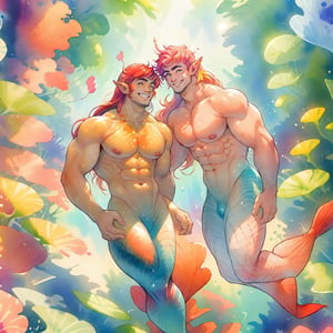  ((best quality)), ((masterpiece)), (detailed), ((perfect face)), male, two happy mermen are swimming, two merfolks, adult, long hair, lean and muscular body, finned ears, fins, tail glows slightly with luminous scales, very long mermaid tails, bioluminescent, markings along his body,watercolor, multicolor, perfect light,portrait,CrclWc