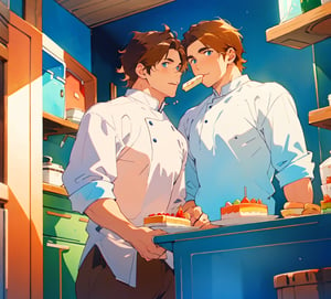 two men (two male), the one man has dark brown (dark hair) long hair, the other man character has short blond hair, blue eyes, they are eating cake, comfortable kitchen, motning, light color predominates, mature, handsome, 
 charming, alluring, affectionate eyes, lookat viewer, (perfect anatomy), perfect proportions, best quality, masterpiece, high_resolution, Dutch angle, cowboy shot, kitchen background,tanigaki,watercolor