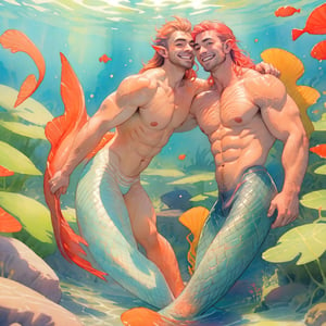  ((best quality)), ((masterpiece)), (detailed), ((perfect face)), male, two happy mermen are swimming, two merfolks, adult, long hair, lean and muscular body, finned ears, fins, tail glows slightly with luminous scales, very long mermaid tails, bioluminescent, markings along his body,watercolor, multicolor, perfect light