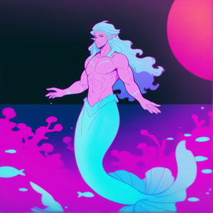 ((best quality)), ((masterpiece)), (detailed), ((perfect face)), male, broad shouldered men, european handsome faces, ((two mermen)), two cheerful mermen are swimming, two merfolks, full bodies, adult, long hair, lean and huge muscular body, finned ears, fins, tail glows slightly with luminous scales, very long mermaid tails, bioluminescent, markings along his body, bright saturated, multicolor, coloring in anime style, interesting seascape, fish, corals, beautiful turquoise clear water, light penetrating through the water, perfect light,,<lora:659095807385103906:1.0>