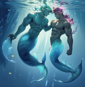 ((best quality)), ((masterpiece)), (detailed), ((perfect face)), male, two mermen are swimming, two merfolks, lean and muscular body, finned ears, fins, tail glows slightly with luminous scales, very long mermaid tail, bioluminescent, markings along his body,watercolor,perfect light