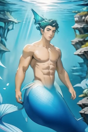 ((best quality)), ((masterpiece)), (detailed),  ((perfect face)), male, mermen are swimming, merfolks, lean and muscular body, Long finned ears, fins, tail glows slightly with luminous scales, mermaid tail, bioluminescent, markings along his body,watercolor,perfect light,,<lora:659111690174031528:1.0>