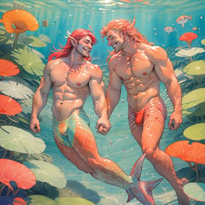  ((best quality)), ((masterpiece)), (detailed), ((perfect face)), male, two happy mermen are swimming, two merfolks, adult, long hair, lean and muscular body, finned ears, fins, tail glows slightly with luminous scales, very long mermaid tails, bioluminescent, markings along his body,watercolor, multicolor, perfect light