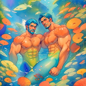 mermaid men are swimming in blue water, mature, handsome, muscle, beefy, masculine, charming, alluring, affectionate eyes, lookat viewer, (perfect anatomy), perfect proportions, best quality, masterpiece, high_resolution, Dutch angle, cowboy shot, watercolor,Water Enchantress of the Temple