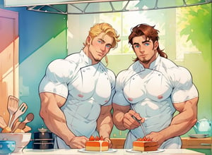 two men (two male), the one man has dark brown long hair, the other man character has short blond hair, blue eyes, they are eating cake, comfortable kitchen, motning, light color predominates, mature, handsome, muscle, mature, muscular, beefy, masculine, charming, alluring, affectionate eyes, lookat viewer, (perfect anatomy), perfect proportions, best quality, white colors, masterpiece, high_resolution, Dutch angle, cowboy shot, kitchen background, watercolor, soft linear, simple colors, no shadows, no shading, black contour line