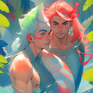 ((best quality)), ((masterpiece)), (detailed), ((perfect face)), male, two mermen are swimming, two merfolks, adult, long hair, lean and muscular body, finned ears, fins, tail glows slightly with luminous scales, very long mermaid tails, bioluminescent, markings along his body,watercolor, multicolor, perfect light