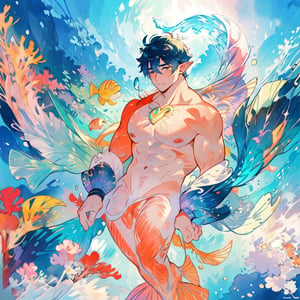 ((best quality)), ((masterpiece)), (detailed), ((perfect face)), male, broad shouldered men, european handsome faces, ((two mermen)), two cheerful mermen are swimming, full bodies, adult, long hair, lean and huge muscular body, finned ears, fins, tail glows slightly with luminous scales, very long mermaid tails, bioluminescent, markings along his body, bright saturated watercolor, multicolor, coloring in anime style, interesting seascape, fish, corals, beautiful turquoise clear water, light penetrating through the water, perfect light,watercolor