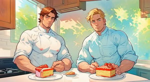 two men (two male), the one man has dark brown long hair, the other man character has short blond hair, blue eyes, they are eating cake, comfortable kitchen, motning, light color predominates, mature, handsome, muscle, mature, muscular, beefy, masculine, charming, alluring, affectionate eyes, lookat viewer, (perfect anatomy), perfect proportions, best quality, white colors, masterpiece, high_resolution, Dutch angle, cowboy shot, kitchen background, watercolor, soft linear, simple colors, no shadows, no shading, black contour line,<lora:659111690174031528:1.0>