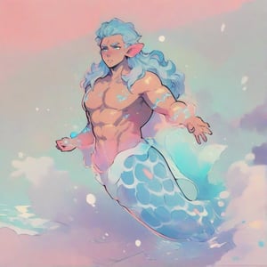 ((best quality)), ((masterpiece)), (detailed), ((perfect face)), male, broad shouldered men, european handsome faces, ((two mermen)), two cheerful mermen are swimming, two merfolks, full bodies, adult, long hair, lean and huge muscular body, finned ears, fins, tail glows slightly with luminous scales, very long mermaid tails, bioluminescent, markings along his body, bright saturated watercolor, multicolor, coloring in anime style, interesting seascape, fish, corals, beautiful turquoise clear water, light penetrating through the water, perfect light