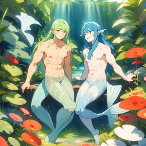  ((best quality)), ((masterpiece)), (detailed), ((perfect face)), male, two happy mermen are swimming, two merfolks, adult, long hair, lean and muscular body, finned ears, fins, tail glows slightly with luminous scales, very long mermaid tails, bioluminescent, markings along his body,watercolor, multicolor, perfect light,portrait,CrclWc