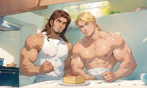 two men (two male), the one man has dark brown long hair, the other man character has short blond hair, blue eyes, they are eating cake, comfortable kitchen, motning, light color predominates, mature, handsome, muscle, mature, muscular, beefy, masculine, charming, alluring, affectionate eyes, lookat viewer, (perfect anatomy), perfect proportions, best quality, white colors, masterpiece, high_resolution, Dutch angle, cowboy shot, kitchen background, watercolor, soft linear, simple colors, no shadows, no shading, black contour line