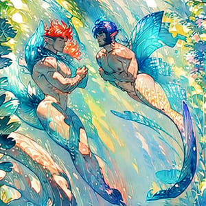 ((best quality)), ((masterpiece)), (detailed),  ((perfect face)), male,  two mermen are swimming, two merfolks, lean and muscular body, finned ears, fins, tail glows slightly with luminous scales, very long mermaid tail, bioluminescent, markings along his body,watercolor,perfect light,<lora:659111690174031528:1.0>,<lora:659111690174031528:1.0>,<lora:659111690174031528:1.0>