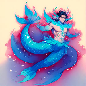 ((best quality)), ((masterpiece)), (detailed), ((perfect face)), male, full bodies, broad shouldered men, european handsome face, two cheerful mermen are swimming, adult, lean and muscular body, finned ears, fins, tail glows slightly with luminous scales, very long mermaid tails, bioluminescent, markings along his body,watercolor, multicolor, perfect light,<lora:659095807385103906:1.0>,<lora:659095807385103906:1.0>,<lora:659095807385103906:1.0>