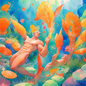  ((best quality)), ((masterpiece)), (detailed), ((perfect face)), male, two mermen are swimming, two merfolks, adult, long hair, lean and muscular body, finned ears, fins, tail glows slightly with luminous scales, very long mermaid tails, bioluminescent, markings along his body,watercolor, multicolor, perfect light