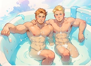two men (two male), the one man has dark brown long hair, the other man has short blond hair, blue eyes, they are sitting in the bath in the water, there is foam on the water and there is a lot of foam around, rainbow soap bubbles are flying, white color predominates, no clothing, mature, handsome, muscle, mature, muscular , beefy, masculine, charming, alluring, affectionate eyes, lookat viewer, (perfect anatomy), perfect proportions, best quality, in the bathroom, white colors, in the morning, they are surrounded by soap foam, masterpiece, high_resolution, Dutch angle, cowboy shot,bathroom background, watercolor, soft linear, simple colors, no shadows, no shading
