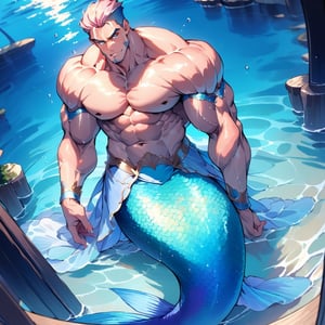 mermaid men are swimming in blue water, mature, handsome, muscle, beefy, masculine, charming, alluring, affectionate eyes, lookat viewer, (perfect anatomy), perfect proportions, best quality, masterpiece, high_resolution, Dutch angle, cowboy shot, watercolor,muscular_female, art nouveau,EXMU