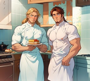 two men (two male), the one man has dark brown (dark hair) long hair, the other man character has short blond hair, blue eyes, they are eating cake, comfortable kitchen, motning, light color predominates, mature, handsome, 
 charming, alluring, affectionate eyes, lookat viewer, (perfect anatomy), perfect proportions, best quality, masterpiece, high_resolution, Dutch angle, cowboy shot, kitchen background, ghibli coloring style