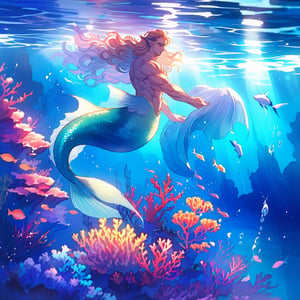 ((best quality)), ((masterpiece)), (detailed), ((perfect face)), male, broad shouldered men, adult, european handsome faces, ((two mermen)), two cheerful mermen are swimming, two merfolks, full bodies, adult, long hair, lean and huge muscular body, finned ears, fins, tail glows slightly with luminous scales, very long mermaid tails, bioluminescent, markings along his body, bright saturated, multicolor, coloring in anime style, interesting seascape, fish, corals, beautiful turquoise clear water, light penetrating through the water, perfect light, anime,watercolor