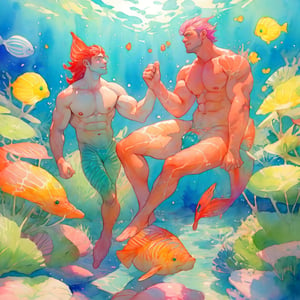  ((best quality)), ((masterpiece)), (detailed), ((perfect face)), male, two mermen are swimming, two merfolks, adult, long hair, lean and muscular body, finned ears, fins, tail glows slightly with luminous scales, very long mermaid tails, bioluminescent, markings along his body,watercolor, multicolor, perfect light