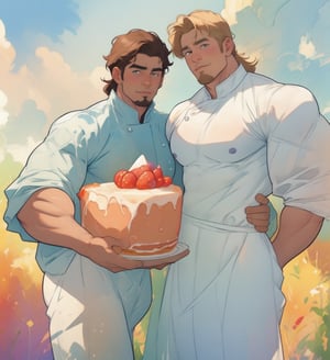 two men (two male), the one man has dark brown long hair, the other man character has short blond hair, blue eyes, they are eating cake, comfortable kitchen, motning, light color predominates, mature, handsome, muscle, mature, muscular, beefy, masculine, charming, alluring, affectionate eyes, lookat viewer, (perfect anatomy), perfect proportions, best quality, white colors, masterpiece, high_resolution, Dutch angle, cowboy shot, kitchen background, watercolor, soft linear, simple colors, no shadows, no shading, black contour line,,<lora:659111690174031528:1.0>