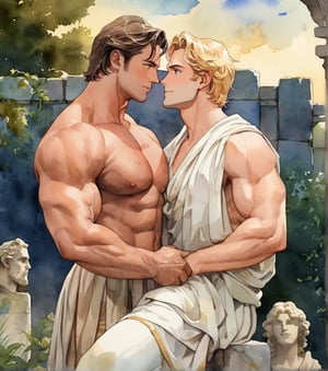 two men characters of the same height, two male, 1man and 1man are near each other, one man has dark brown long hair, the man character has short blond hair, blue eyes, clothing toga, mature, handsome, muscule, mature, muscular, beefy, masculine, charming, alluring,  affectionate eyes, lookat viewer, (perfect anatomy), perfect proportions, best quality, in the garden of statues, colours of stones, in the evening, they are surrounded by the ruined remains of stone fences, next to them there is a beautiful marble white antique sculpture, no greenery, dark evening lighting, masterpiece, high_resolution, dutch angle, cowboy shot, garden of statues background, watercolor, soft linear,txznf