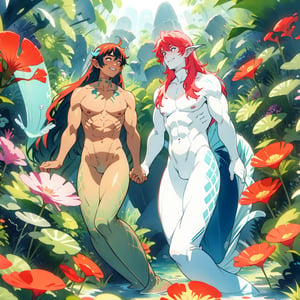  ((best quality)), ((masterpiece)), (detailed), ((perfect face)), male, two happy mermen are swimming, two merfolks, adult, long hair, lean and muscular body, finned ears, fins, tail glows slightly with luminous scales, very long mermaid tails, bioluminescent, markings along his body,watercolor, multicolor, perfect light