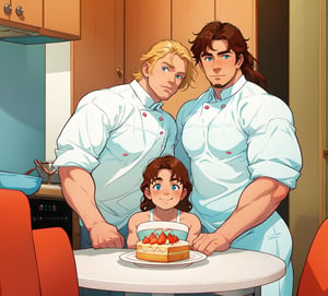 two men (two male), the one man has dark brown (dark hair) long hair, the other man character has short blond hair, blue eyes, they are eating cake, comfortable kitchen, motning, light color predominates, mature, handsome, 
 charming, alluring, affectionate eyes, lookat viewer, (perfect anatomy), perfect proportions, best quality, masterpiece, high_resolution, Dutch angle, cowboy shot, kitchen background, ghibli coloring style