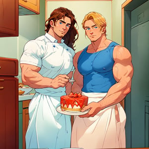 two men (two male), the one man has dark brown (dark hair) long hair, the other man character has short blond hair, blue eyes, they are eating cake, comfortable kitchen, motning, light color predominates, mature, handsome, muscle, mature, muscular, beefy, masculine, charming, alluring, affectionate eyes, lookat viewer, (perfect anatomy), perfect proportions, best quality, masterpiece, high_resolution, Dutch angle, cowboy shot, kitchen background, simple colors
